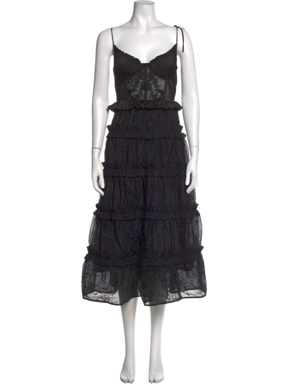 V Chapman- Black Lace Tiered Midi Dress with Spaghetti Straps